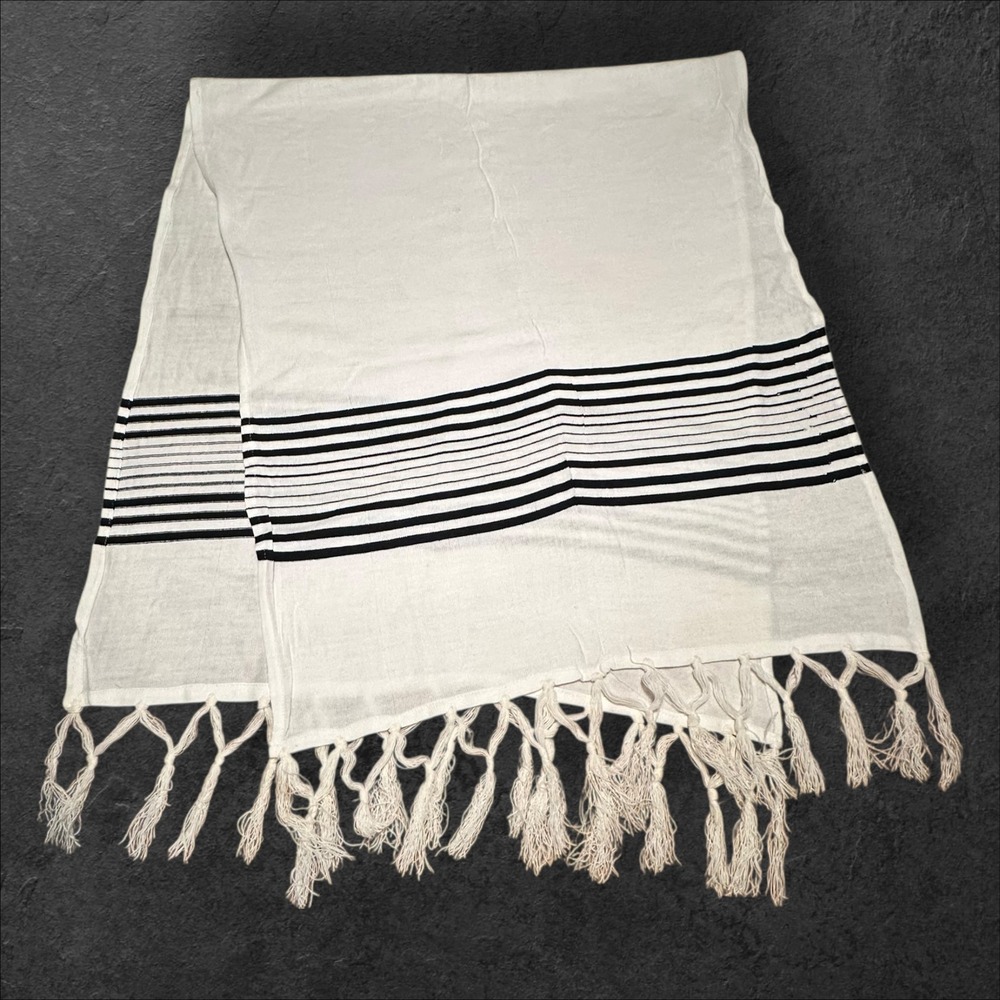 White Fringe Scarf Wrap Black‎ Stripe Tassel Shawl Lightweight 56x24
